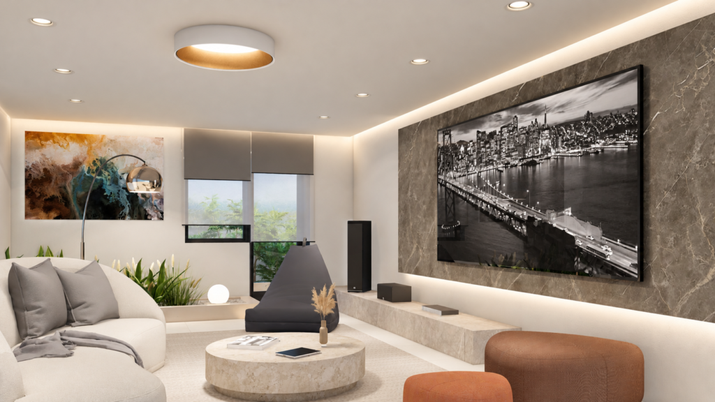 Play room with projection screen — architectural visualisation Play room with projection screen — architectural visualisation