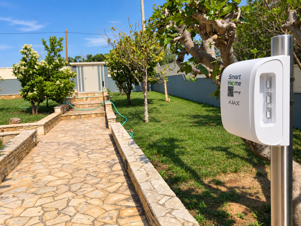 Garden Perimeter Protection AJAX outdoor detector beside the stone garden path