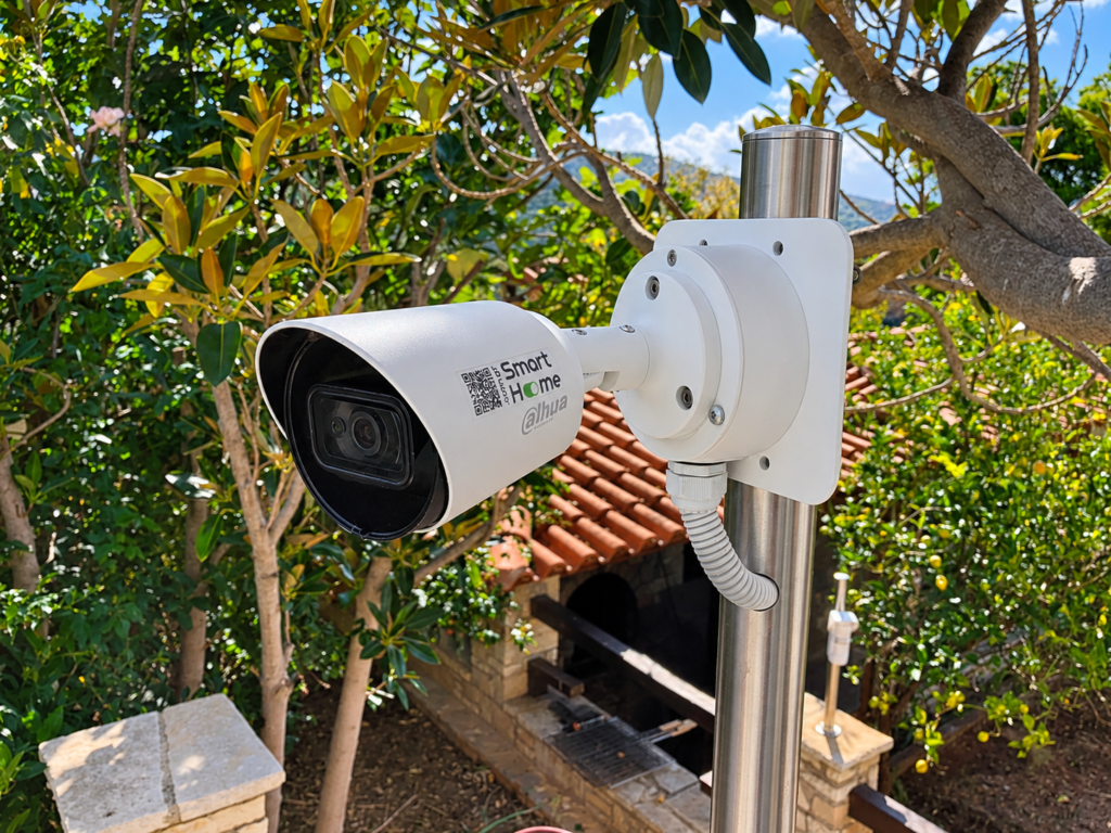 Outdoor Security Camera Close view of a Dahua camera mounted on a garden post
