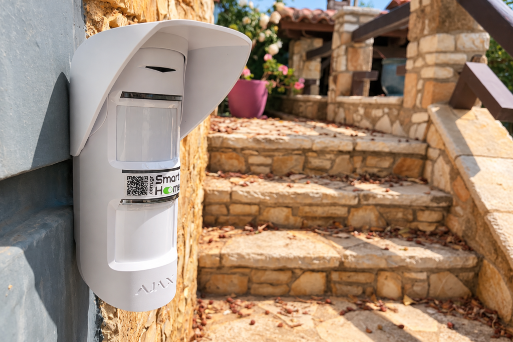 AJAX Outdoor Alarm Detector AJAX detector on the wall beside stone steps