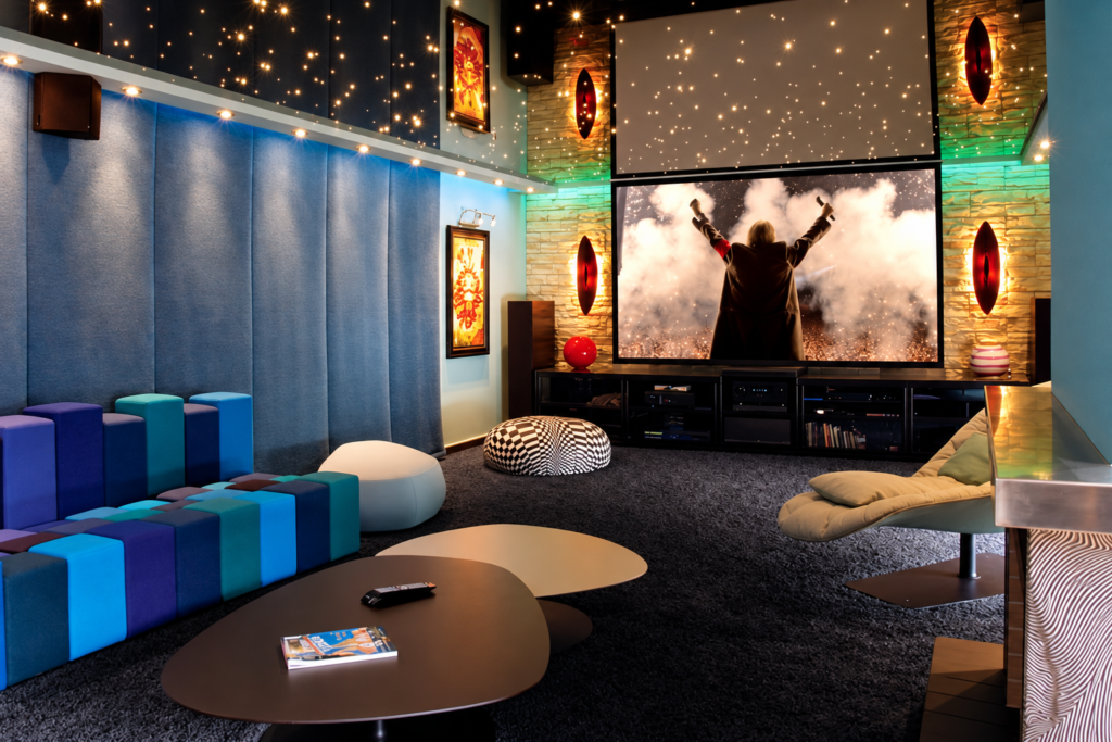 Home Theater in a Four-Level Residence Private home theater with projection screen, seating and star-effect lighting