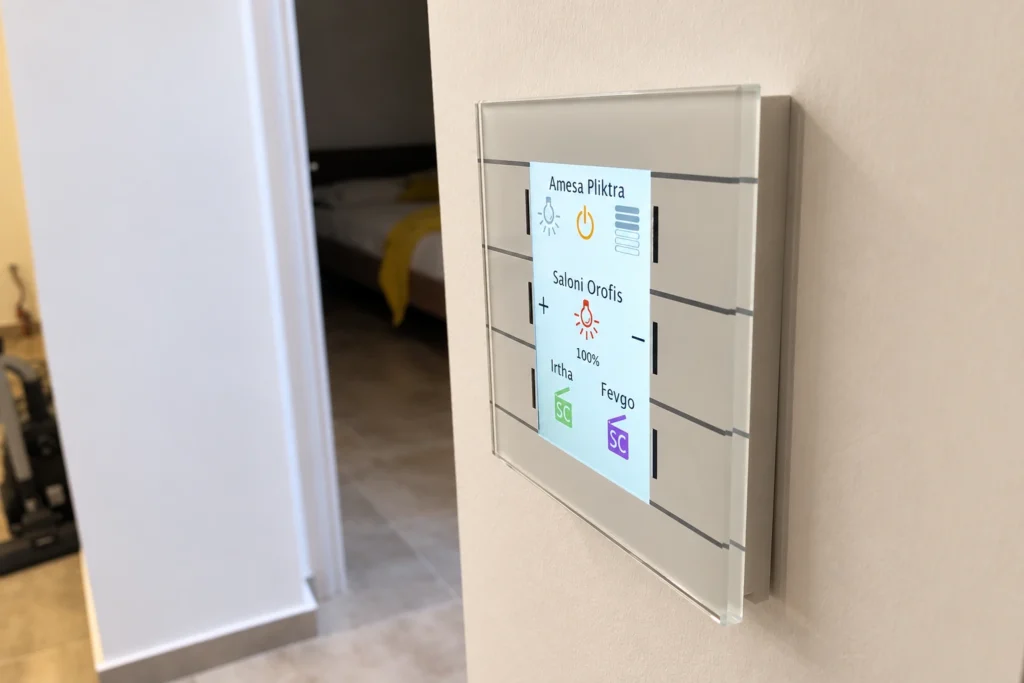 Μεζονέτα KNX 120 τ.μ. – Γυάλινο χειριστήριο KNX με σκηνές επιστροφής και αναχώρησης σε μεζονέτα 120 τ.μ. Γυάλινο χειριστήριο KNX με σκηνές επιστροφής και αναχώρησης σε μεζονέτα 120 τ.μ.