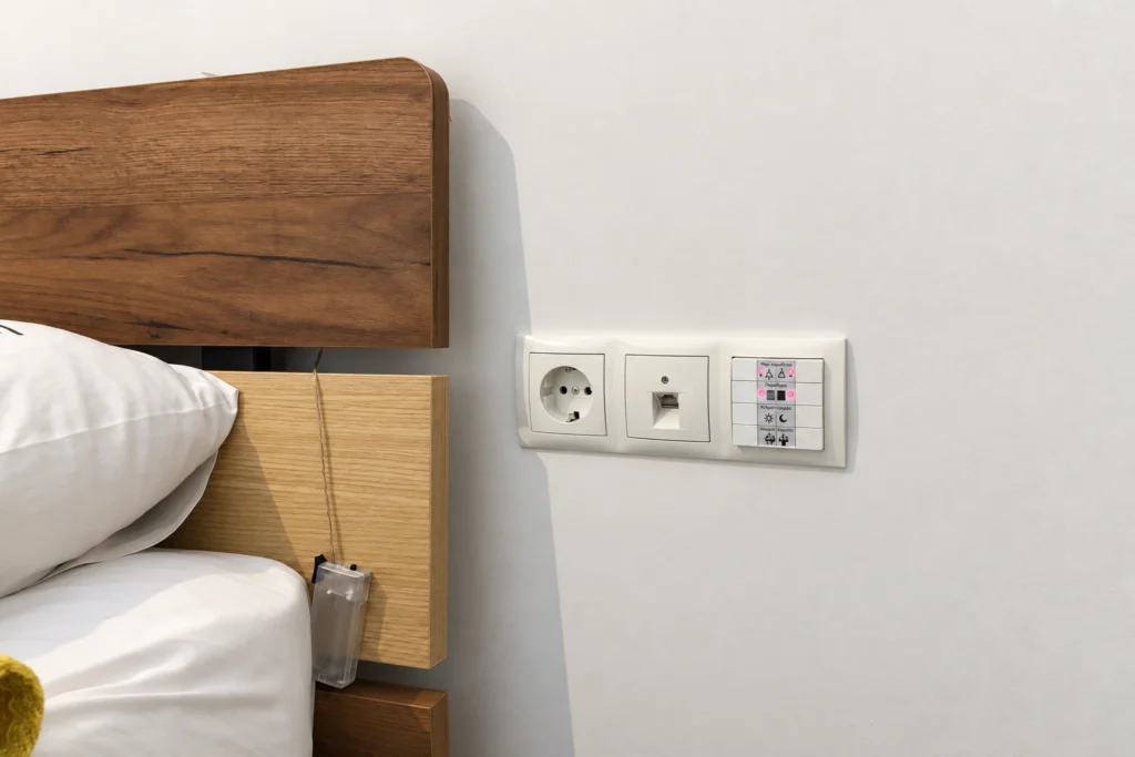 Μεζονέτα KNX 120 τ.μ. – Χειριστήριο KNX δίπλα στο κρεβάτι με πλαίσια που ταιριάζουν στις πρίζες Χειριστήριο KNX δίπλα στο κρεβάτι με πλαίσια που ταιριάζουν στις πρίζες