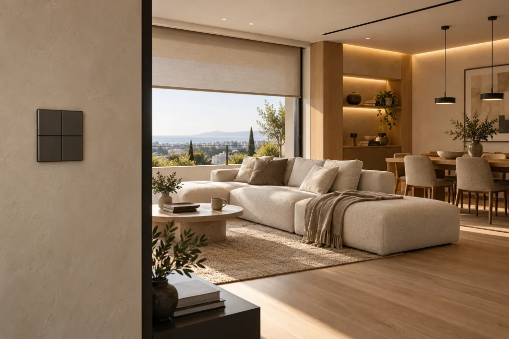 Minimal καθιστικό με διακριτικό χειριστήριο στον τοίχο, θερμό φωτισμό και σκίαση.