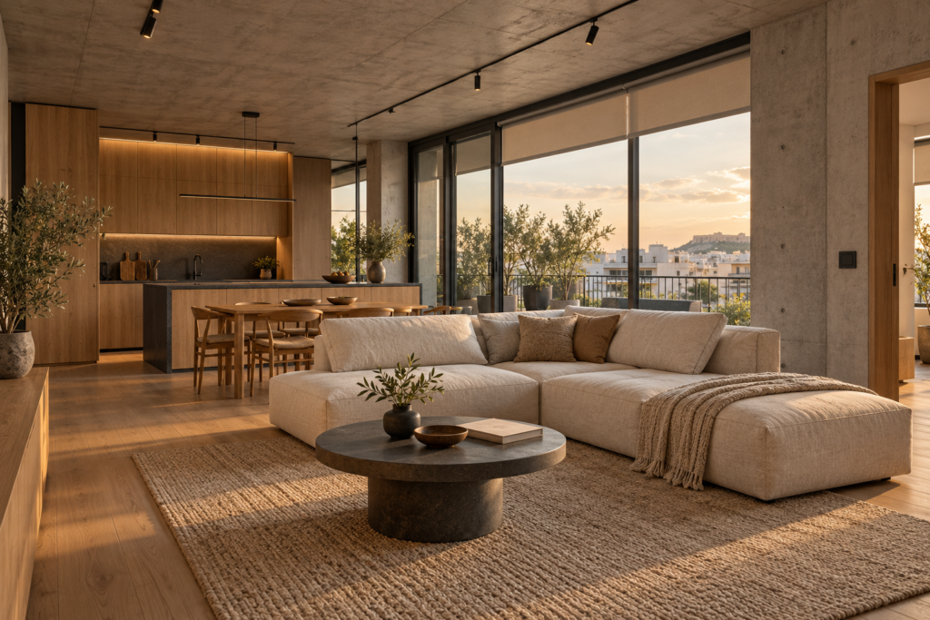 Minimal industrial καθιστικό με εμφανές σκυρόδεμα, ξύλο, μαύρα μεταλλικά στοιχεία και διακριτικό χειριστήριο αυτοματισμού.