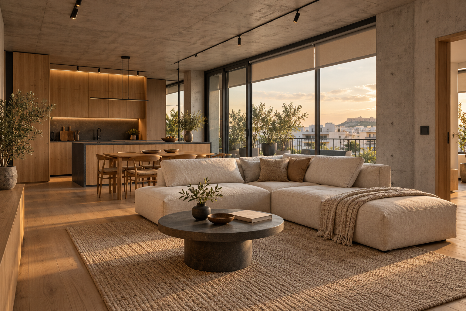 Minimal industrial καθιστικό με εμφανές σκυρόδεμα, ξύλο, μαύρα μεταλλικά στοιχεία και διακριτικό χειριστήριο αυτοματισμού.