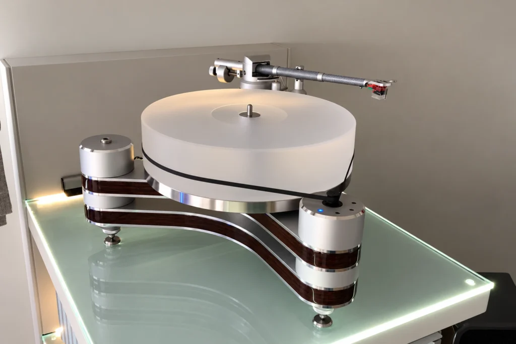 Πικάπ επάνω σε φωτιζόμενο γυάλινο ράφι του HiFi rack